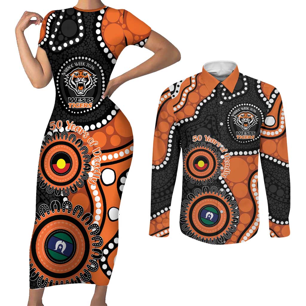Tigers NAIDOC Week 2026 Personalised Couples Matching Short Sleeve Bodycon Dress and Long Sleeve Button Shirt 50 Years of Deadly Aboriginal Art
