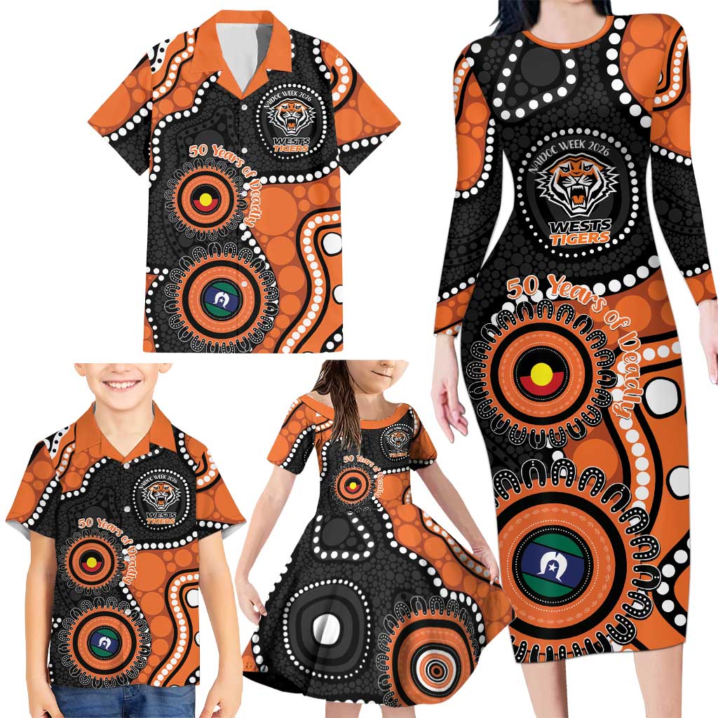 Tigers NAIDOC Week 2026 Personalised Family Matching Long Sleeve Bodycon Dress and Hawaiian Shirt 50 Years of Deadly Aboriginal Art