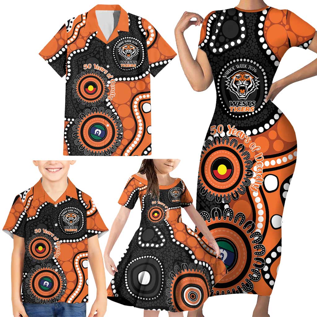 Tigers NAIDOC Week 2026 Personalised Family Matching Short Sleeve Bodycon Dress and Hawaiian Shirt 50 Years of Deadly Aboriginal Art