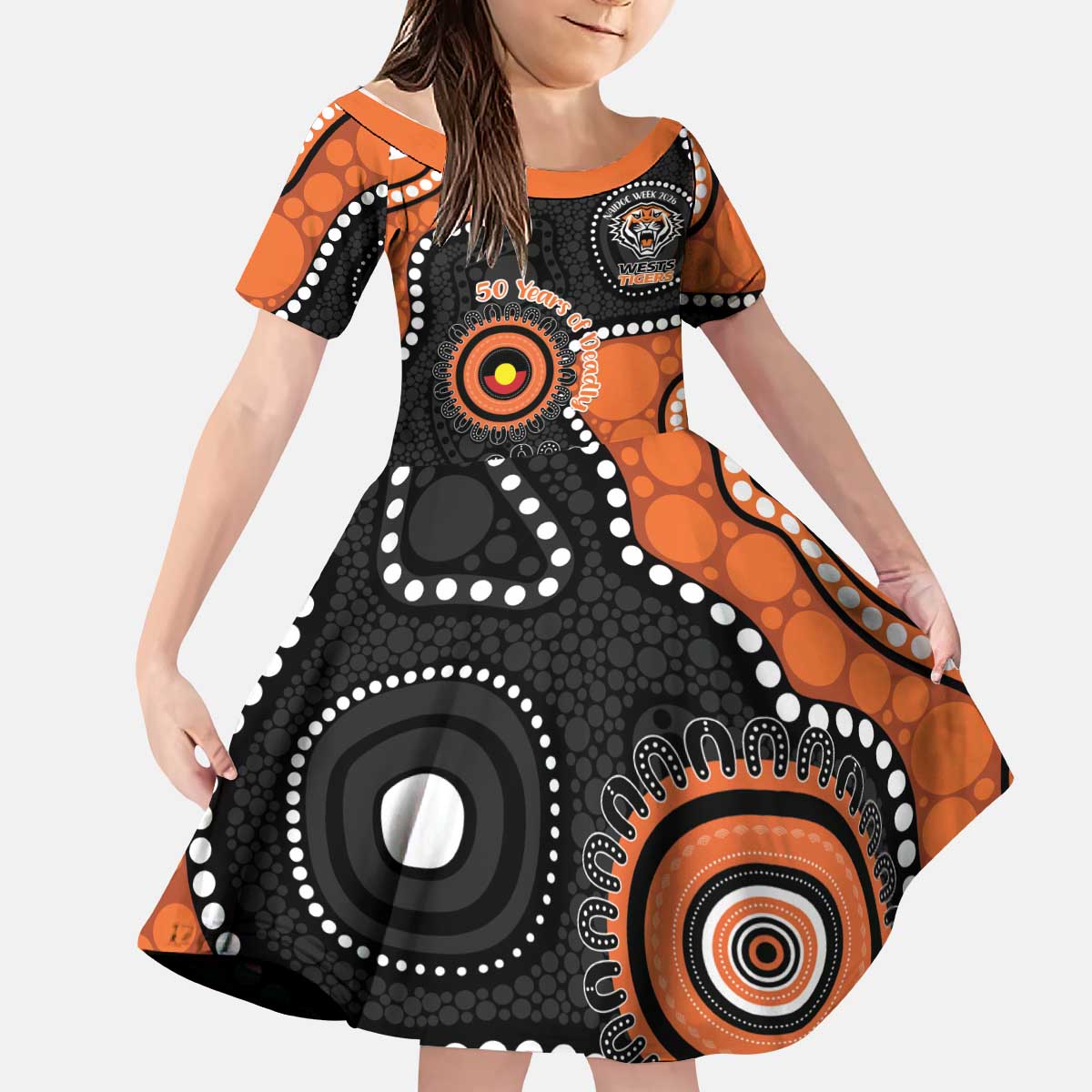 Tigers NAIDOC Week 2026 Personalised Kid Short Sleeve Dress 50 Years of Deadly Aboriginal Art