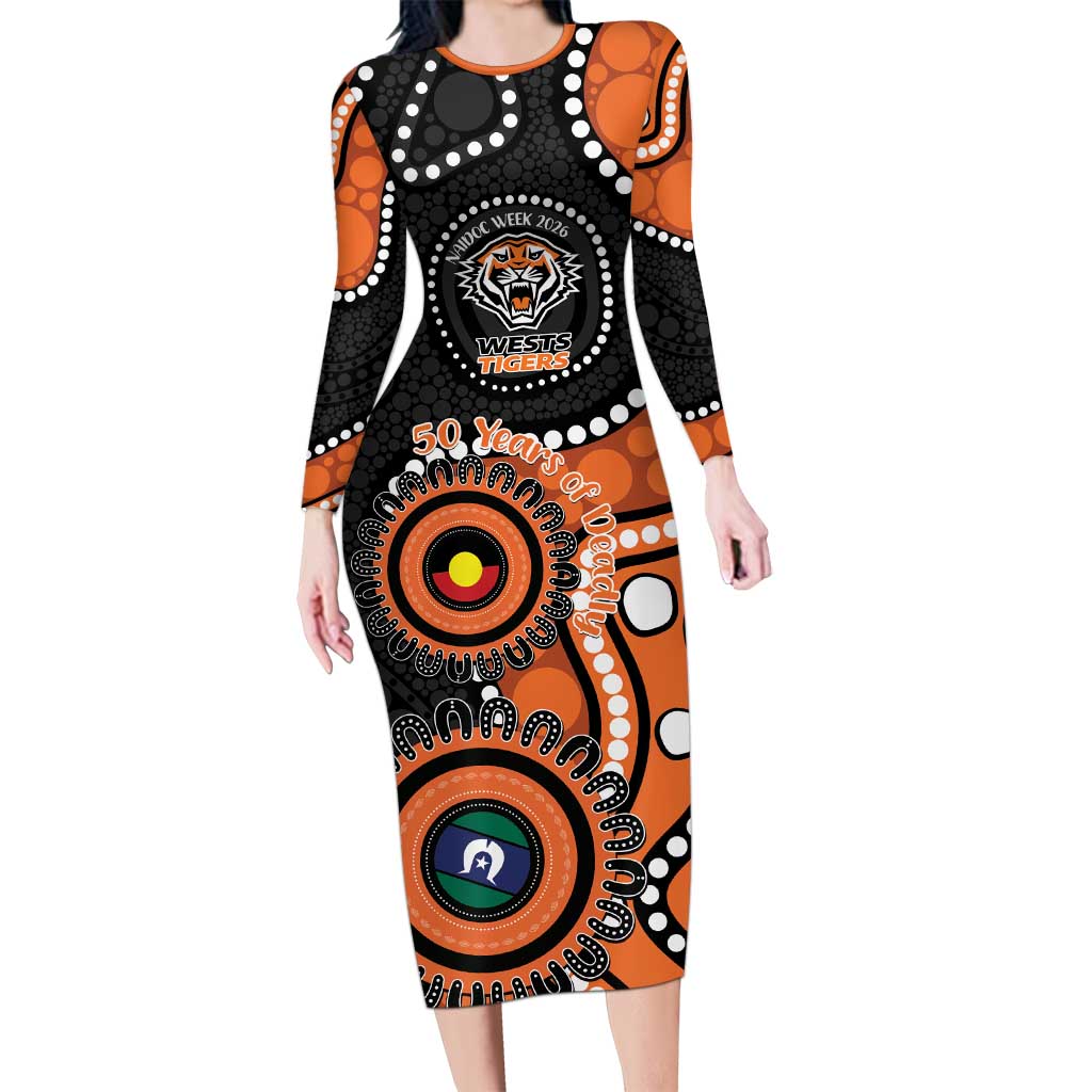 Tigers NAIDOC Week 2026 Personalised Long Sleeve Bodycon Dress 50 Years of Deadly Aboriginal Art