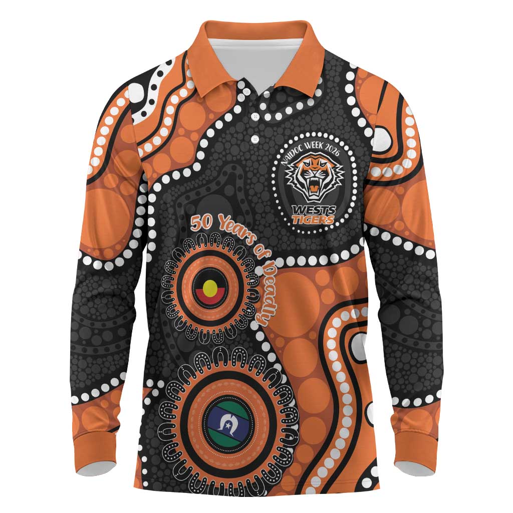 Tigers NAIDOC Week 2026 Personalised Long Sleeve Polo Shirt 50 Years of Deadly Aboriginal Art