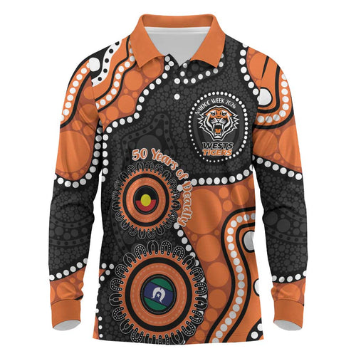 Tigers NAIDOC Week 2026 Personalised Long Sleeve Polo Shirt 50 Years of Deadly Aboriginal Art