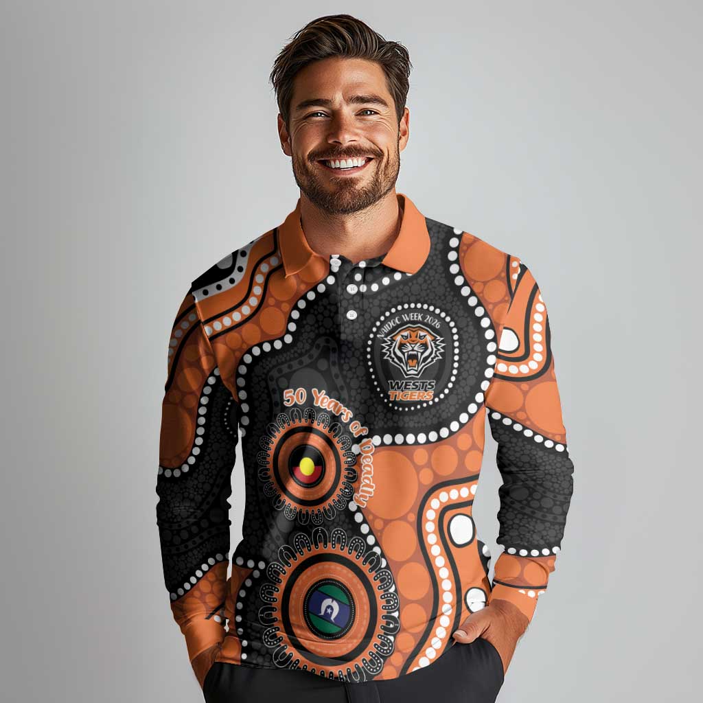 Tigers NAIDOC Week 2026 Personalised Long Sleeve Polo Shirt 50 Years of Deadly Aboriginal Art