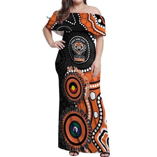 Tigers NAIDOC Week 2026 Personalised Off Shoulder Maxi Dress 50 Years of Deadly Aboriginal Art