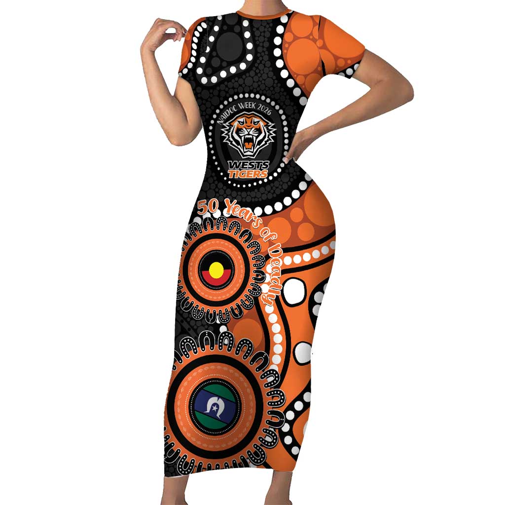 Tigers NAIDOC Week 2026 Personalised Short Sleeve Bodycon Dress 50 Years of Deadly Aboriginal Art