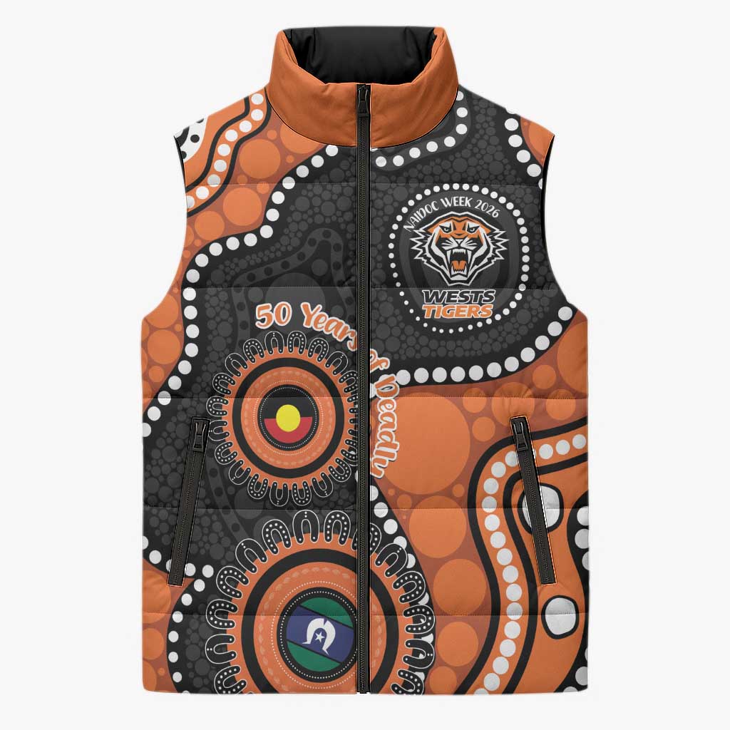 Tigers NAIDOC Week 2026 Personalised Sleeveless Puffer Jacket 50 Years of Deadly Aboriginal Art