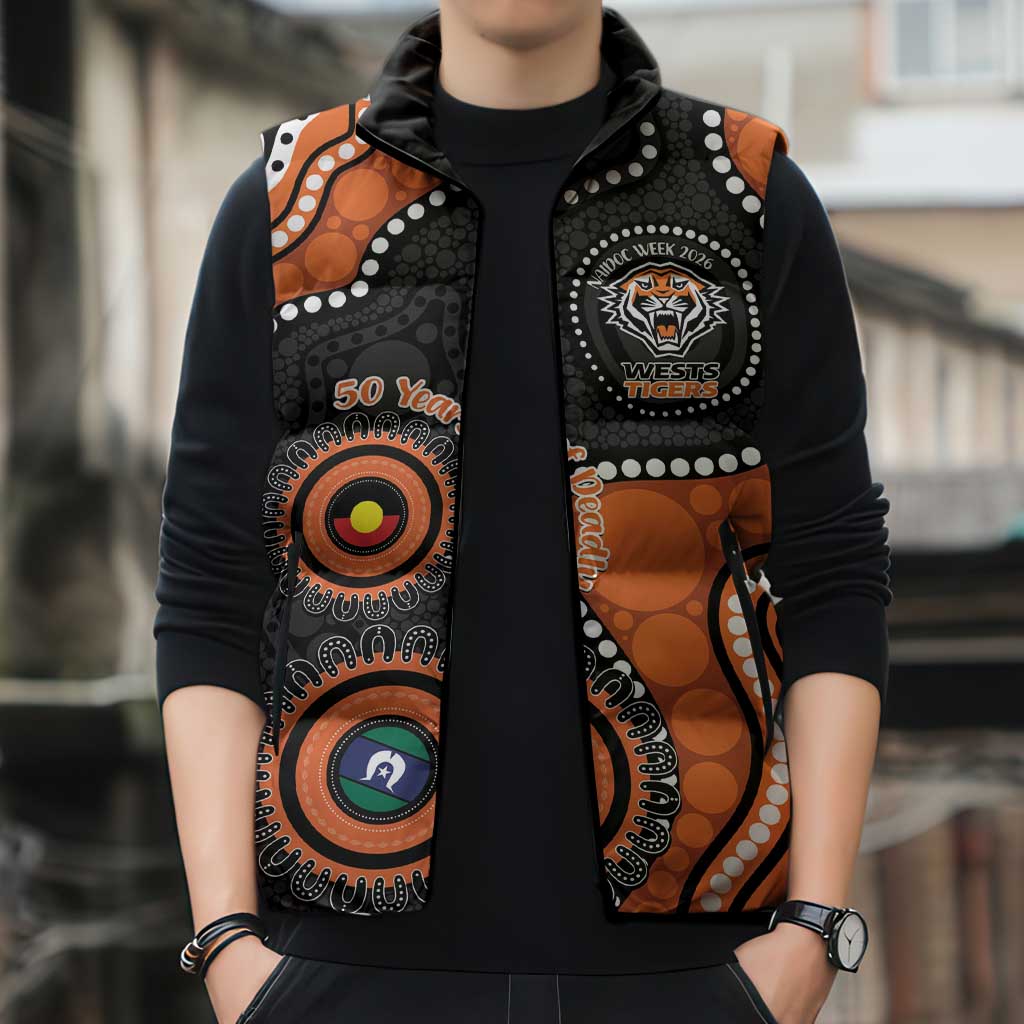Tigers NAIDOC Week 2026 Personalised Sleeveless Puffer Jacket 50 Years of Deadly Aboriginal Art