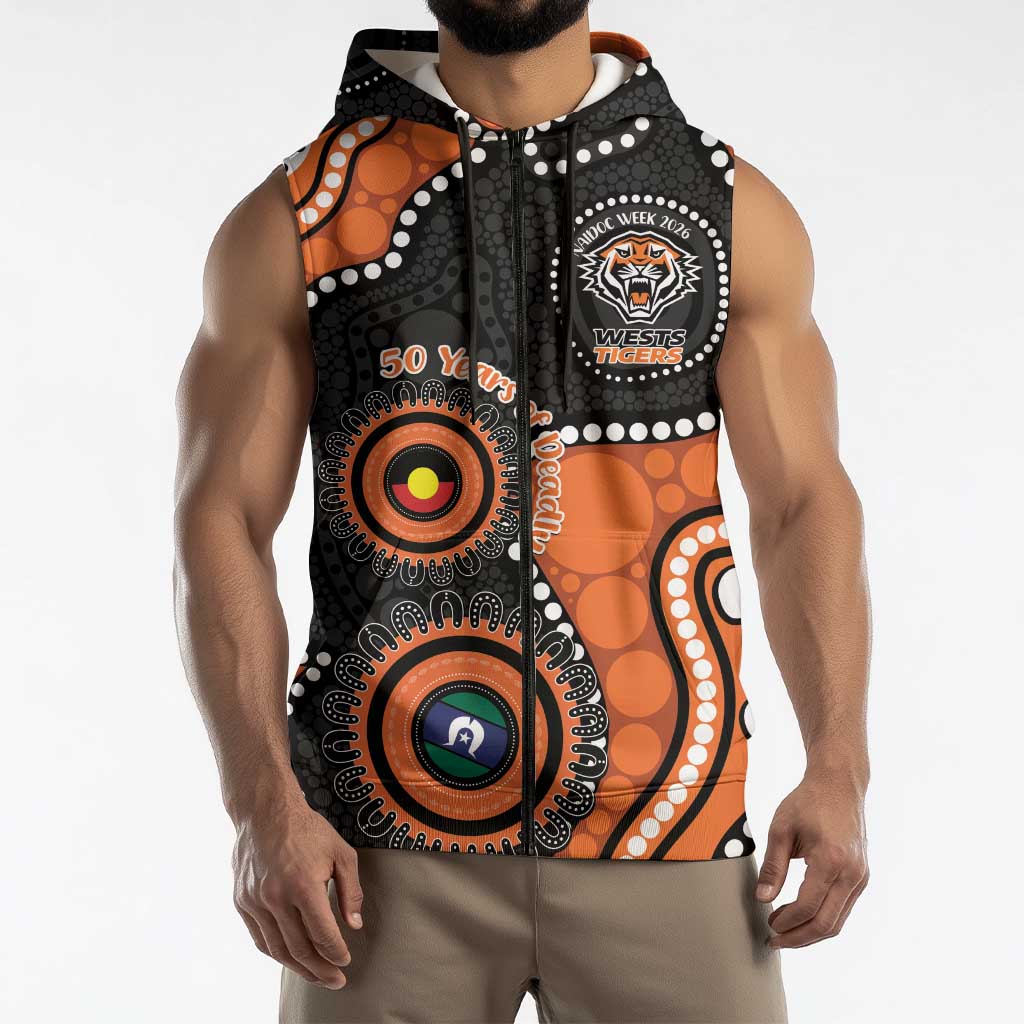 Tigers NAIDOC Week 2026 Personalised Sleeveless Zip Hoodie 50 Years of Deadly Aboriginal Art