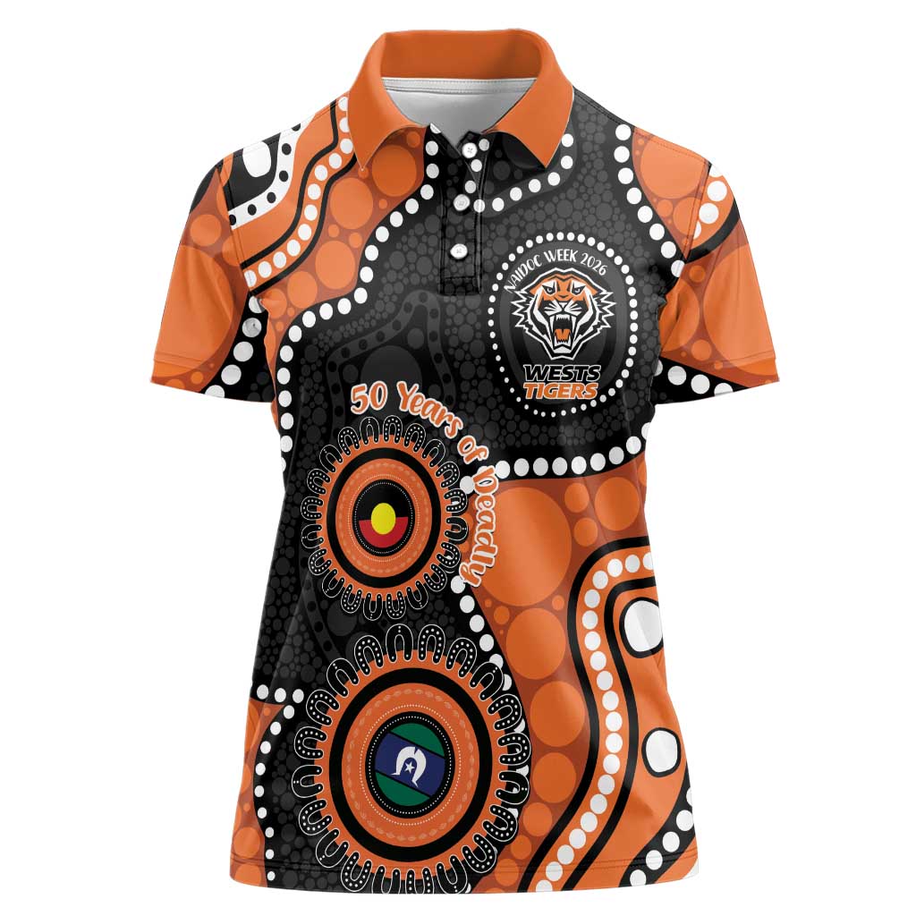 Tigers NAIDOC Week 2026 Personalised Women Polo Shirt 50 Years of Deadly Aboriginal Art