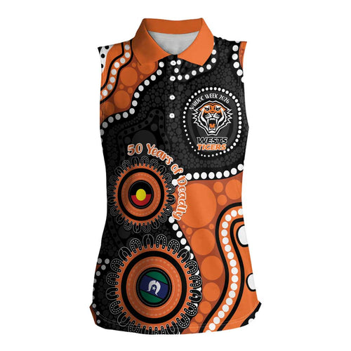 Tigers NAIDOC Week 2026 Personalised Women Sleeveless Polo Shirt 50 Years of Deadly Aboriginal Art