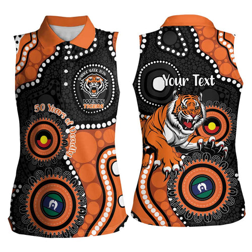 Tigers NAIDOC Week 2026 Personalised Women Sleeveless Polo Shirt 50 Years of Deadly Aboriginal Art
