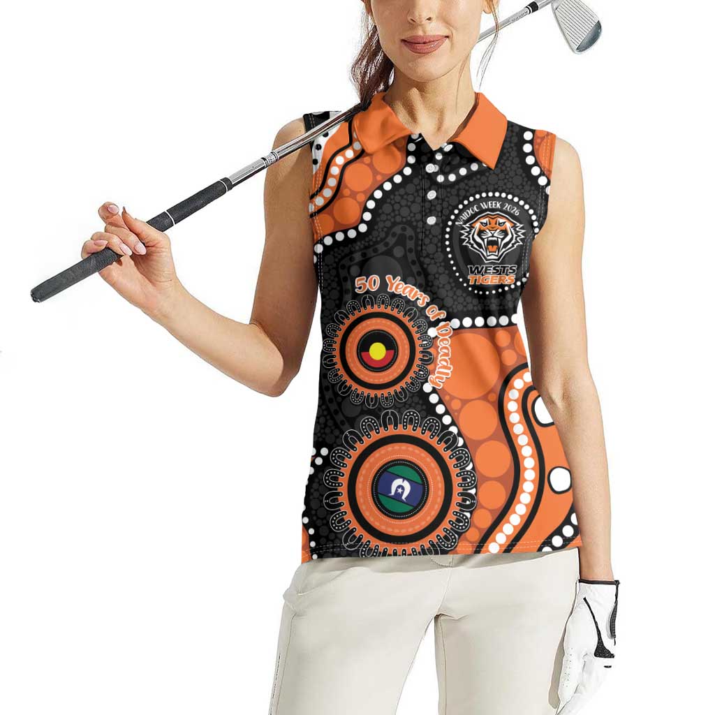 Tigers NAIDOC Week 2026 Personalised Women Sleeveless Polo Shirt 50 Years of Deadly Aboriginal Art
