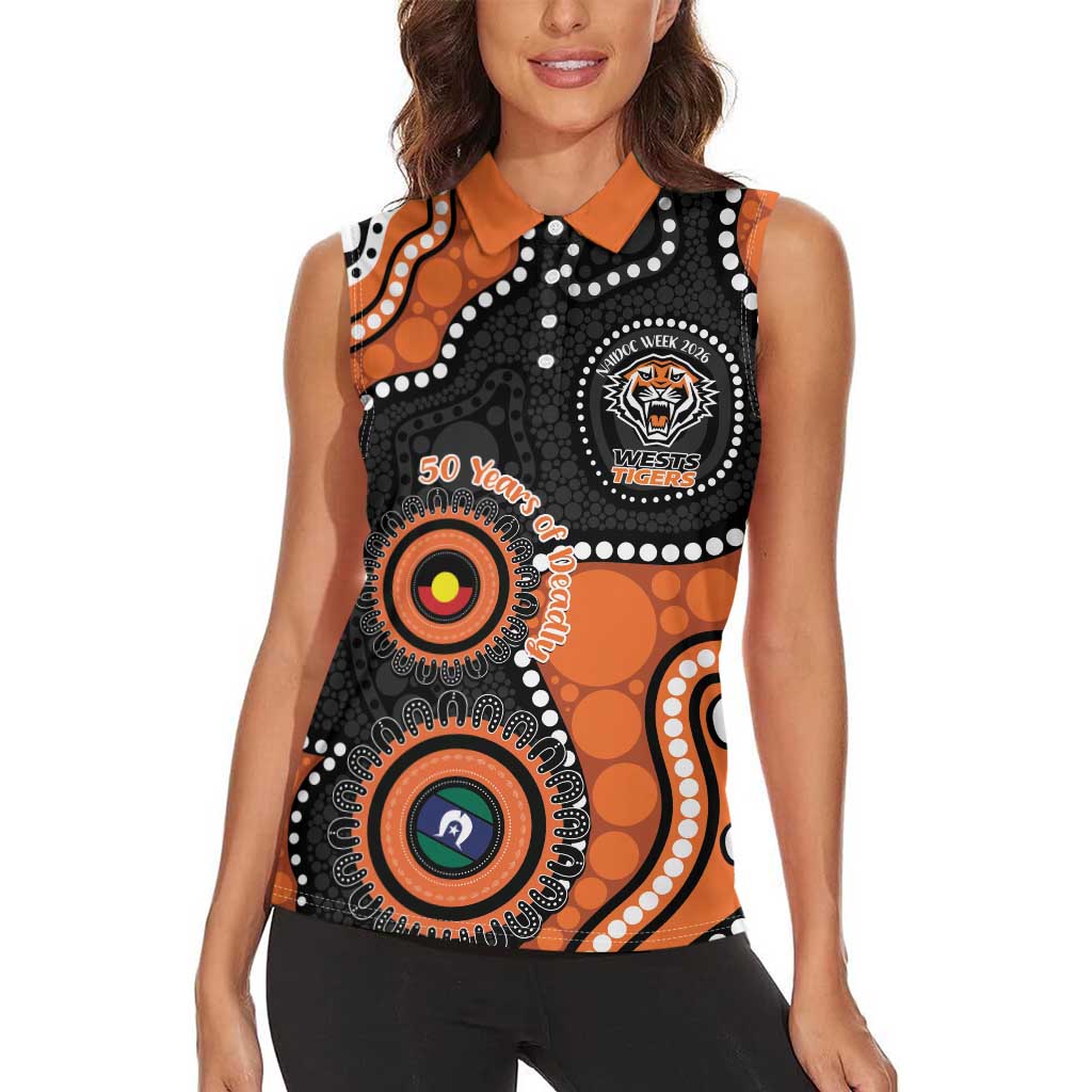 Tigers NAIDOC Week 2026 Personalised Women Sleeveless Polo Shirt 50 Years of Deadly Aboriginal Art