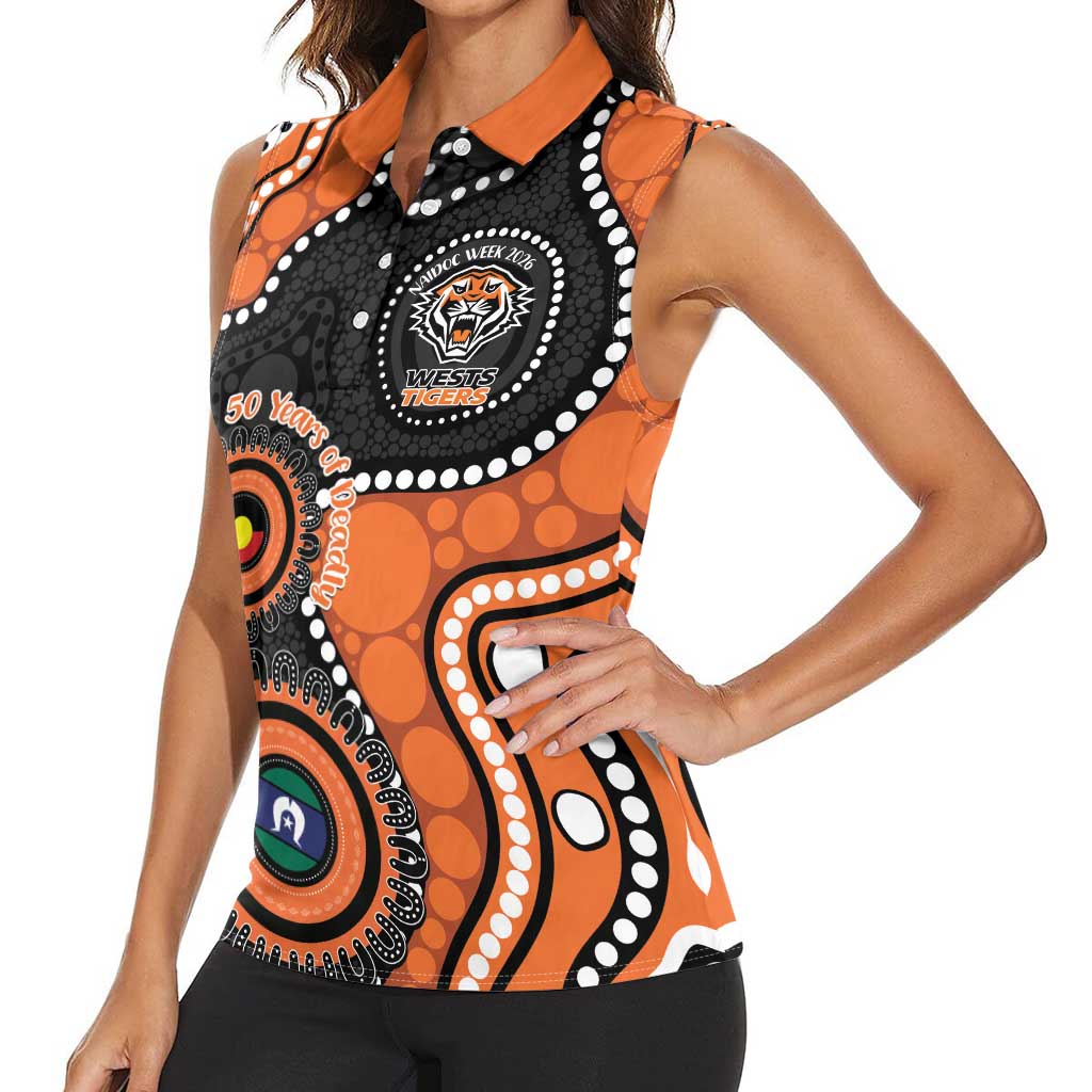 Tigers NAIDOC Week 2026 Personalised Women Sleeveless Polo Shirt 50 Years of Deadly Aboriginal Art