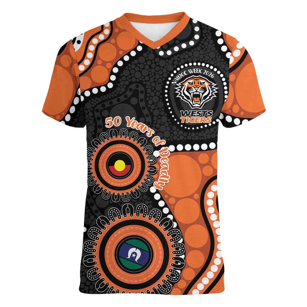 Tigers NAIDOC Week 2026 Personalised Women V-Neck T-Shirt 50 Years of Deadly Aboriginal Art