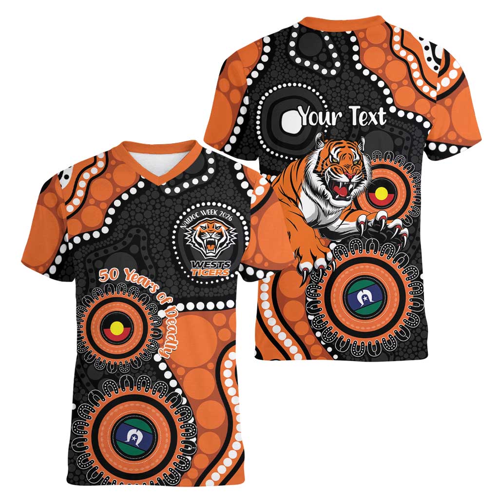Tigers NAIDOC Week 2026 Personalised Women V-Neck T-Shirt 50 Years of Deadly Aboriginal Art