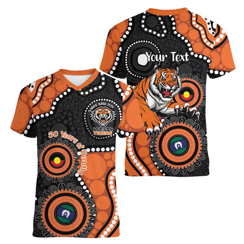 Tigers NAIDOC Week 2026 Personalised Women V-Neck T-Shirt 50 Years of Deadly Aboriginal Art