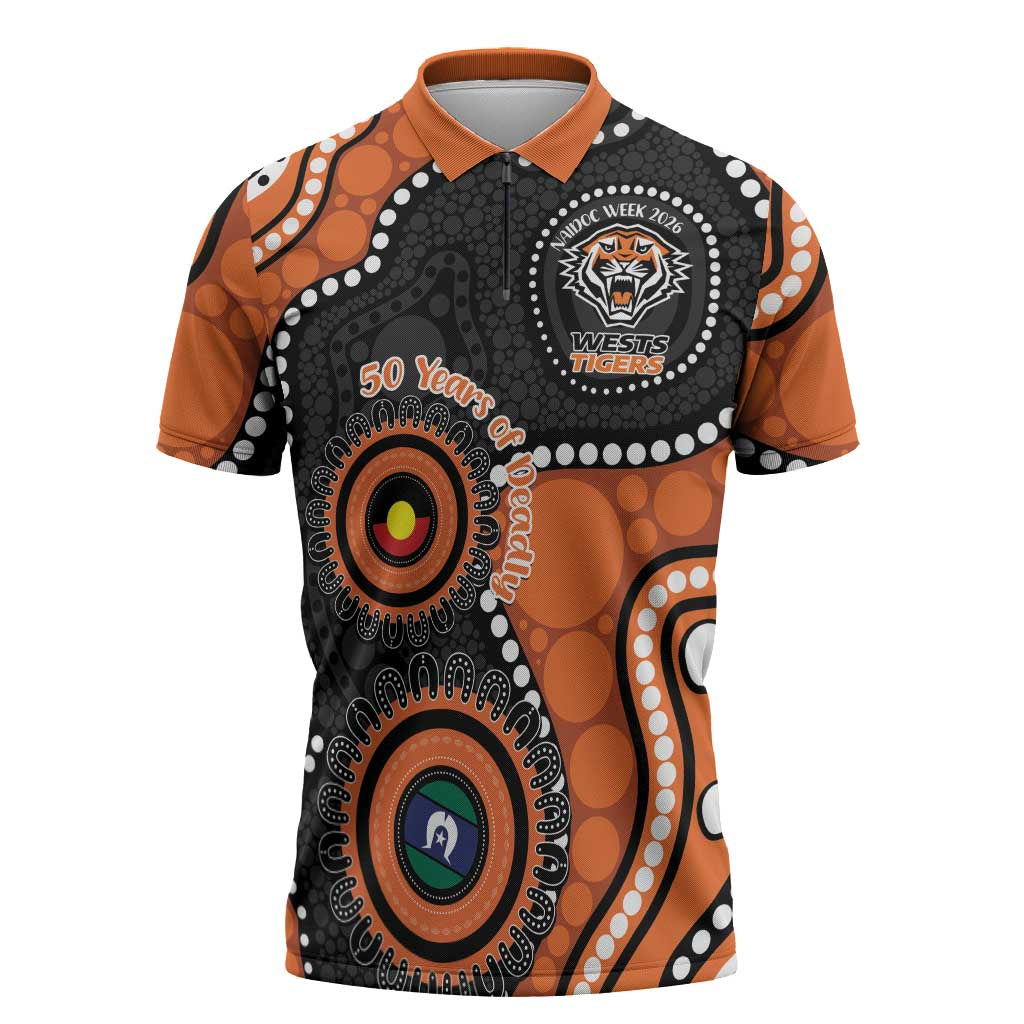 Tigers NAIDOC Week 2026 Personalised Zipper Polo Shirt 50 Years of Deadly Aboriginal Art