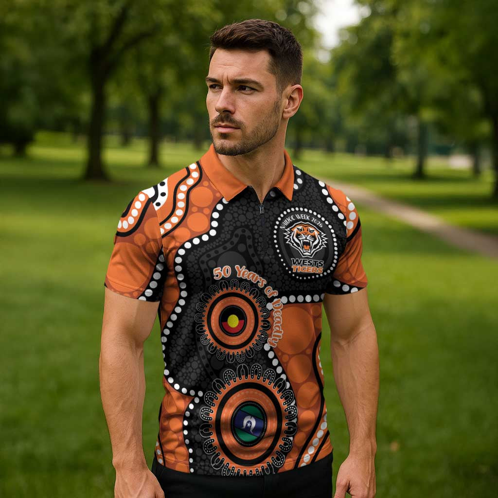Tigers NAIDOC Week 2026 Personalised Zipper Polo Shirt 50 Years of Deadly Aboriginal Art