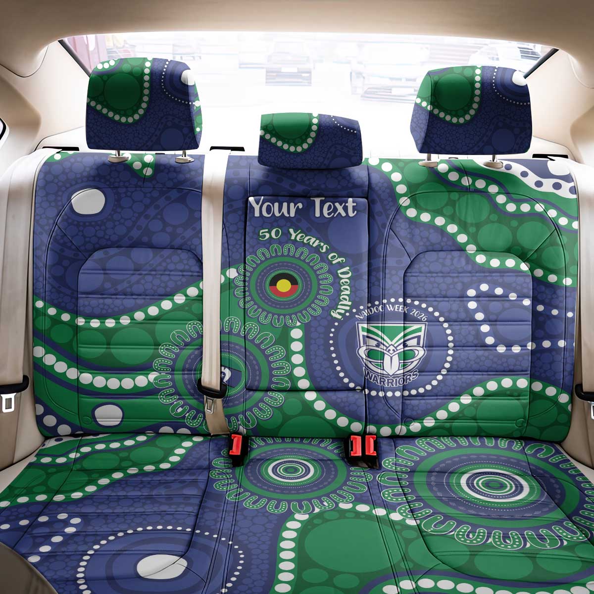 Warriors NAIDOC Week 2026 Personalised Back Car Seat Cover 50 Years of Deadly Aboriginal Art