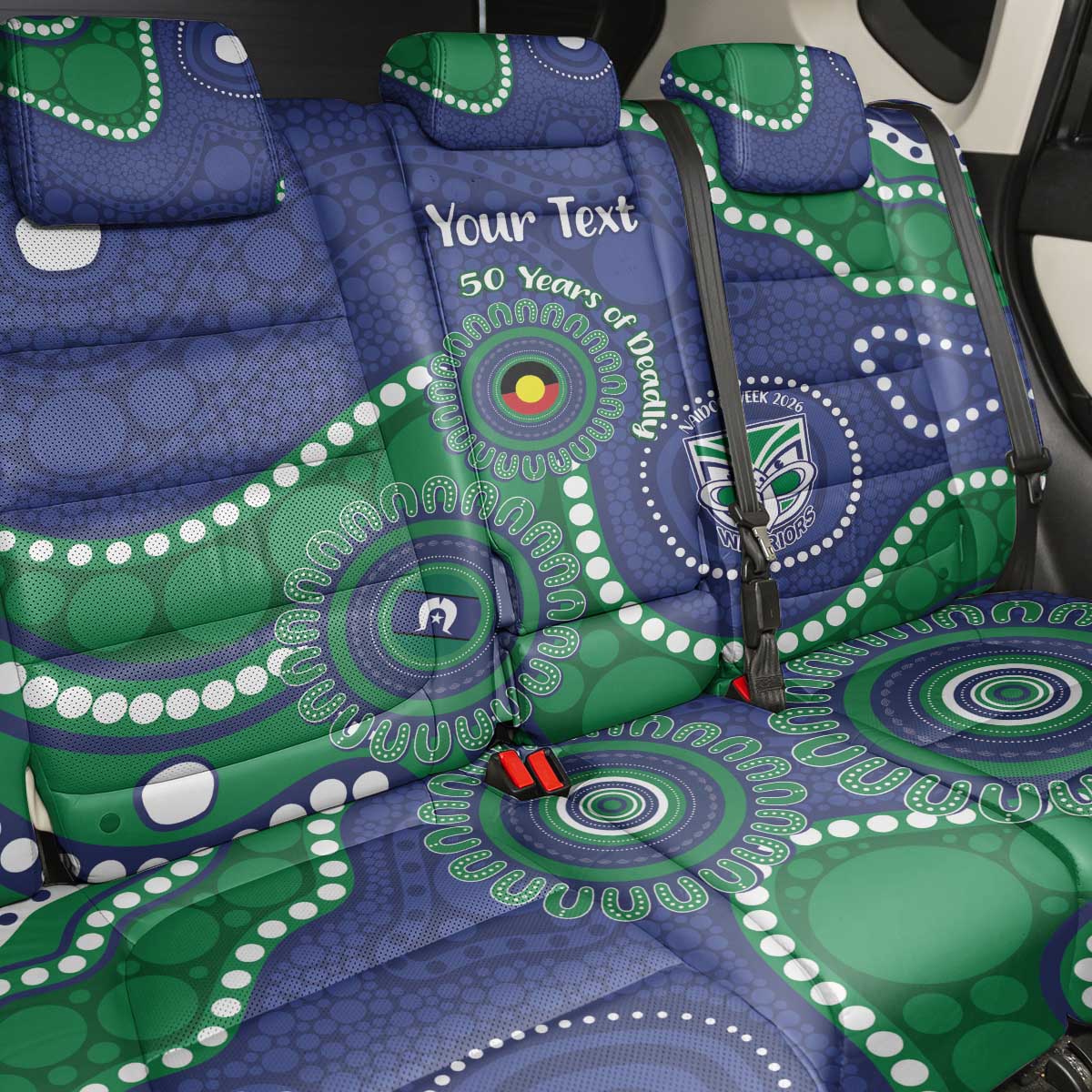 Warriors NAIDOC Week 2026 Personalised Back Car Seat Cover 50 Years of Deadly Aboriginal Art