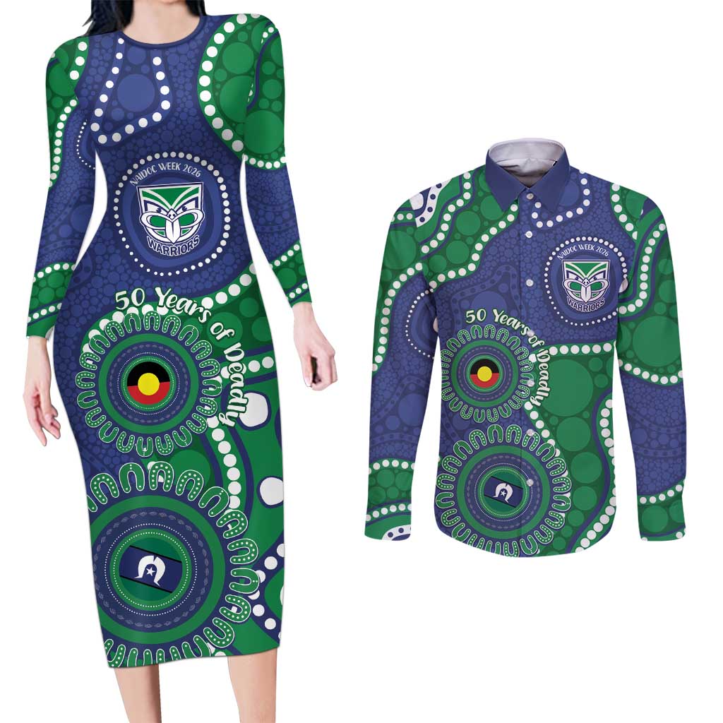Warriors NAIDOC Week 2026 Personalised Couples Matching Long Sleeve Bodycon Dress and Long Sleeve Button Shirt 50 Years of Deadly Aboriginal Art