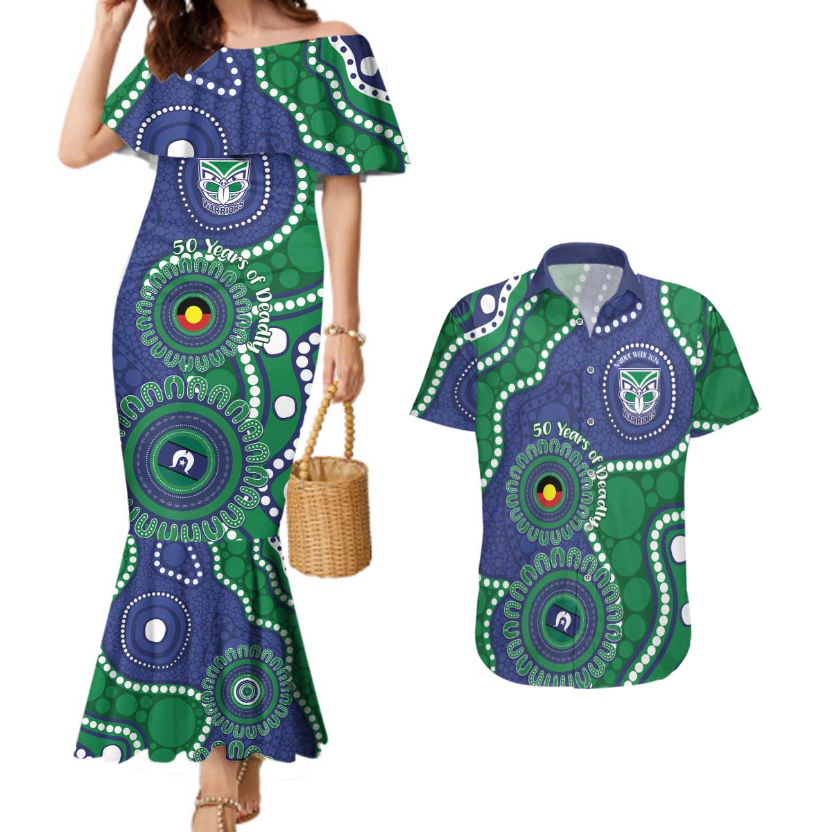 Warriors NAIDOC Week 2026 Personalised Couples Matching Mermaid Dress and Hawaiian Shirt 50 Years of Deadly Aboriginal Art