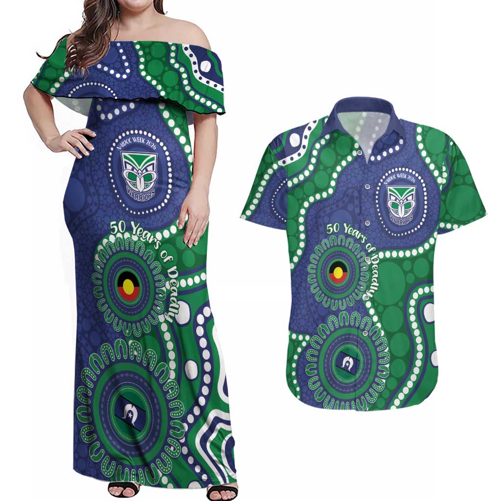 Warriors NAIDOC Week 2026 Personalised Couples Matching Off Shoulder Maxi Dress and Hawaiian Shirt 50 Years of Deadly Aboriginal Art