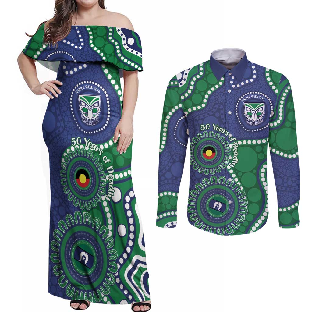 Warriors NAIDOC Week 2026 Personalised Couples Matching Off Shoulder Maxi Dress and Long Sleeve Button Shirt 50 Years of Deadly Aboriginal Art