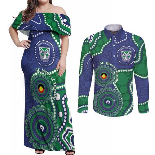 Warriors NAIDOC Week 2026 Personalised Couples Matching Off Shoulder Maxi Dress and Long Sleeve Button Shirt 50 Years of Deadly Aboriginal Art