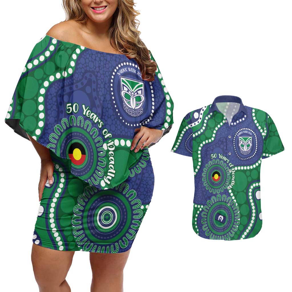 Warriors NAIDOC Week 2026 Personalised Couples Matching Off Shoulder Short Dress and Hawaiian Shirt 50 Years of Deadly Aboriginal Art