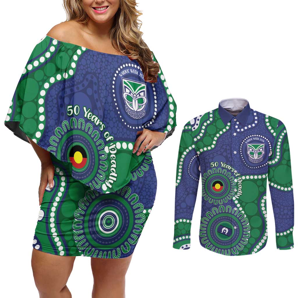 Warriors NAIDOC Week 2026 Personalised Couples Matching Off Shoulder Short Dress and Long Sleeve Button Shirt 50 Years of Deadly Aboriginal Art