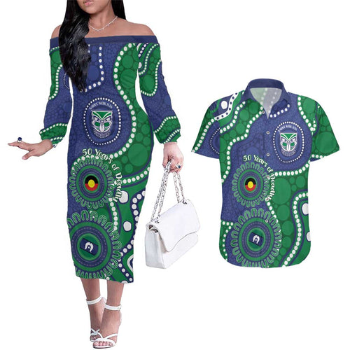 Warriors NAIDOC Week 2026 Personalised Couples Matching Off The Shoulder Long Sleeve Dress and Hawaiian Shirt 50 Years of Deadly Aboriginal Art