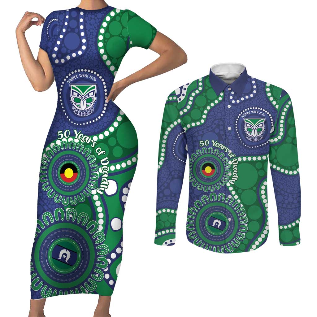 Warriors NAIDOC Week 2026 Personalised Couples Matching Short Sleeve Bodycon Dress and Long Sleeve Button Shirt 50 Years of Deadly Aboriginal Art