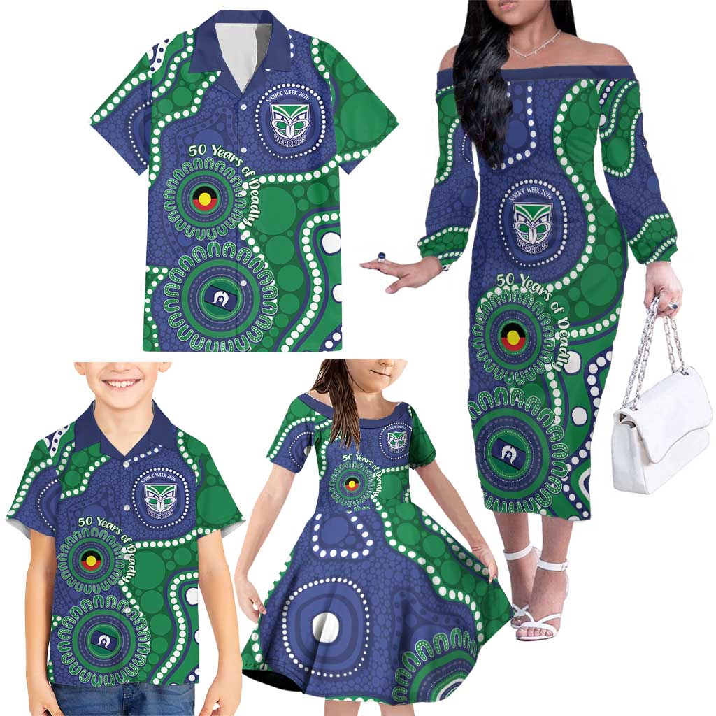 Warriors NAIDOC Week 2026 Personalised Family Matching Off The Shoulder Long Sleeve Dress and Hawaiian Shirt 50 Years of Deadly Aboriginal Art