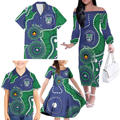 Warriors NAIDOC Week 2026 Personalised Family Matching Off The Shoulder Long Sleeve Dress and Hawaiian Shirt 50 Years of Deadly Aboriginal Art