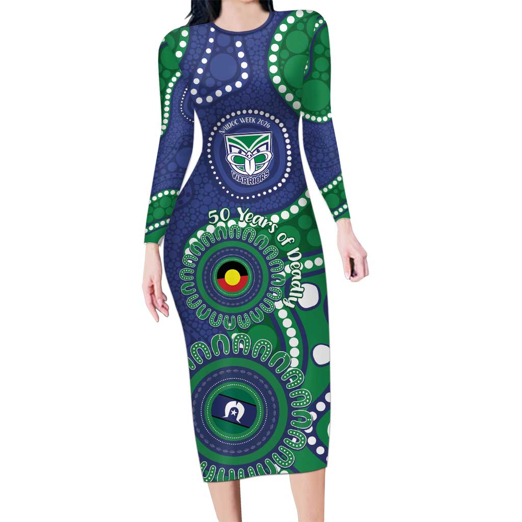 Warriors NAIDOC Week 2026 Personalised Long Sleeve Bodycon Dress 50 Years of Deadly Aboriginal Art