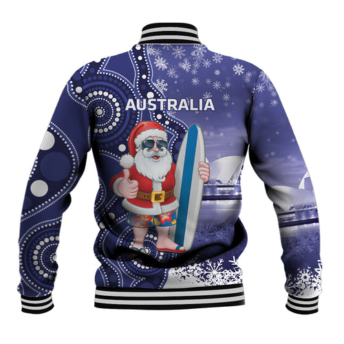 Christmas In July Australia Baseball Jacket Santa Surfboard Sydney Opera House - Blue