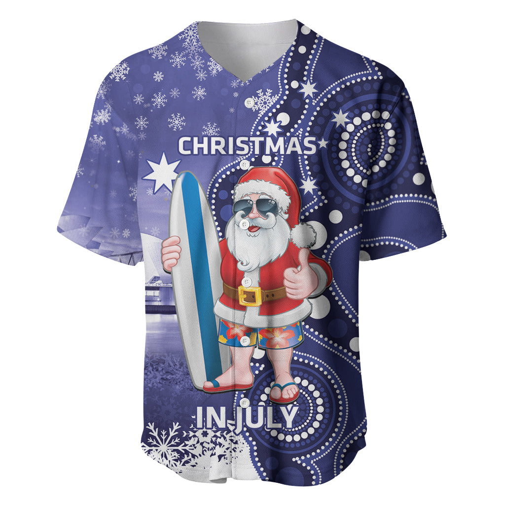 Christmas In July Australia Baseball Jersey Santa Surfboard Sydney Opera House - Blue