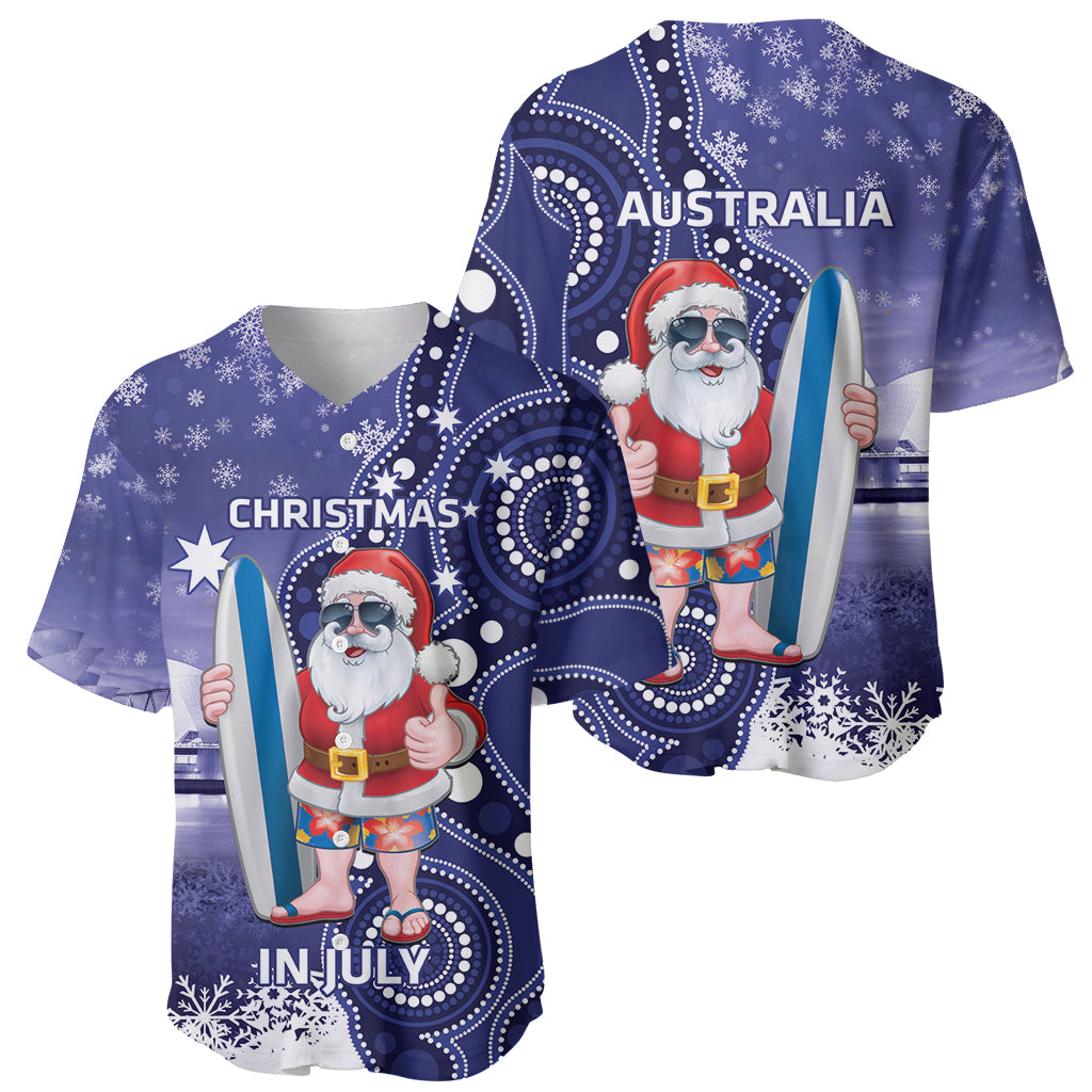Christmas In July Australia Baseball Jersey Santa Surfboard Sydney Opera House - Blue