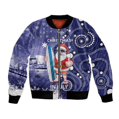 Christmas In July Australia Bomber Jacket Santa Surfboard Sydney Opera House - Blue