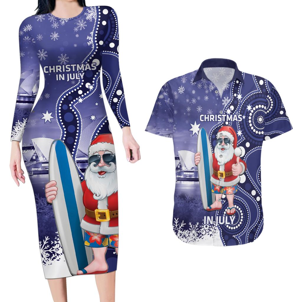 Christmas In July Australia Couples Matching Long Sleeve Bodycon Dress and Hawaiian Shirt Santa Surfboard Sydney Opera House - Blue