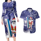 Christmas In July Australia Couples Matching Long Sleeve Bodycon Dress and Hawaiian Shirt Santa Surfboard Sydney Opera House - Blue