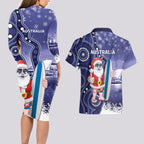 Christmas In July Australia Couples Matching Long Sleeve Bodycon Dress and Hawaiian Shirt Santa Surfboard Sydney Opera House - Blue