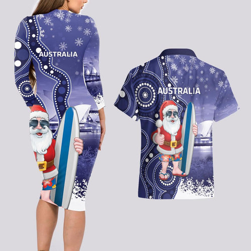 Christmas In July Australia Couples Matching Long Sleeve Bodycon Dress and Hawaiian Shirt Santa Surfboard Sydney Opera House - Blue