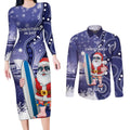 Christmas In July Australia Couples Matching Long Sleeve Bodycon Dress and Long Sleeve Button Shirt Santa Surfboard Sydney Opera House - Blue