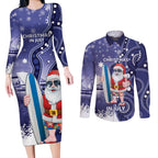 Christmas In July Australia Couples Matching Long Sleeve Bodycon Dress and Long Sleeve Button Shirt Santa Surfboard Sydney Opera House - Blue