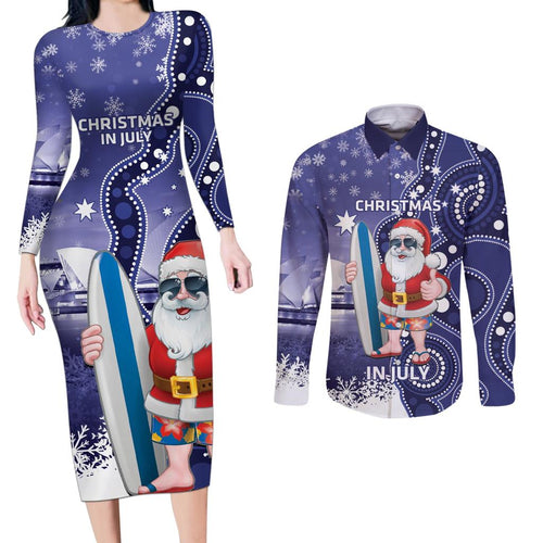 Christmas In July Australia Couples Matching Long Sleeve Bodycon Dress and Long Sleeve Button Shirt Santa Surfboard Sydney Opera House - Blue