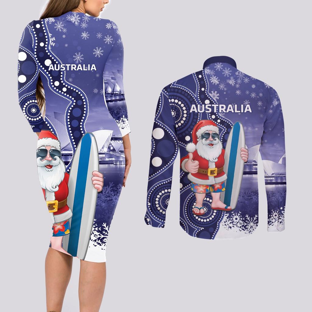 Christmas In July Australia Couples Matching Long Sleeve Bodycon Dress and Long Sleeve Button Shirt Santa Surfboard Sydney Opera House - Blue